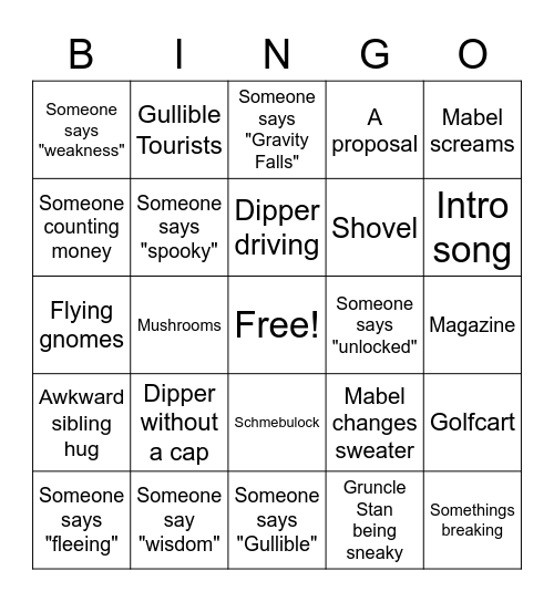 Gravity Falls Bingo Card