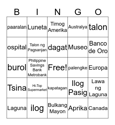 PANGNGALAN (Lugar) Bingo Card