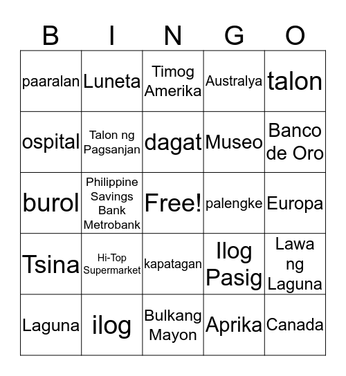 PANGNGALAN (Lugar) Bingo Card