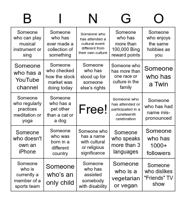 Team Activity DI Bingo Card