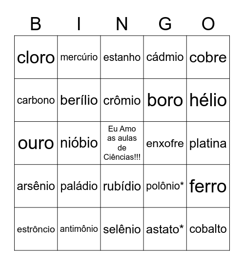 Bingo dos Elementos Químicos Bingo Card