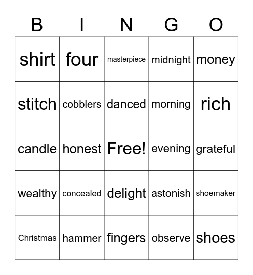 The Elves and The Shoemaker Bingo Card