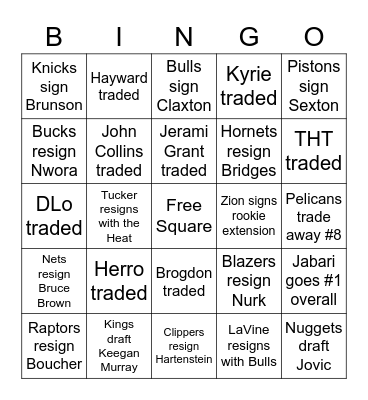 2022 NBA Offseason Bingo Card