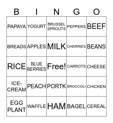 Five Food Groups Bingo Card