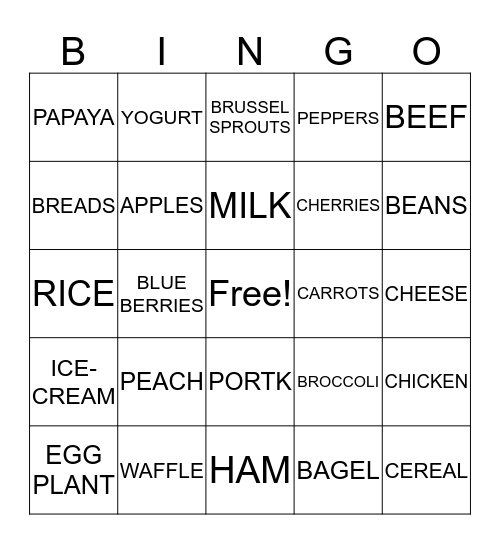 Five Food Groups Bingo Card