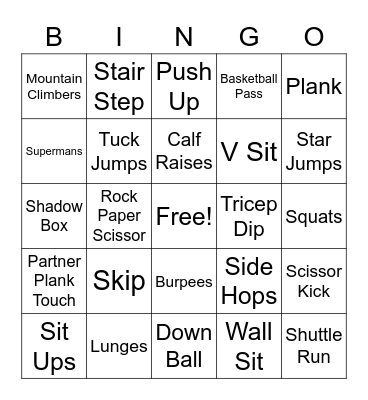 Fitness Activities Bingo Card