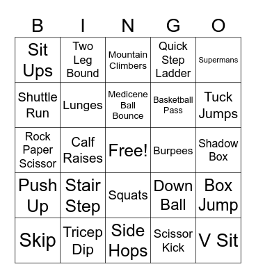 Fitness Activities Bingo Card