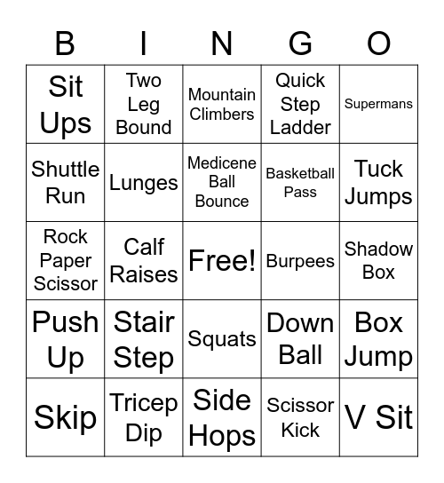 Fitness Activities Bingo Card