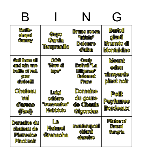 The Drexel Red wine Bingo Card