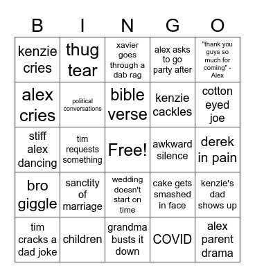Kenzie and Alex's Wedding Bingo Card