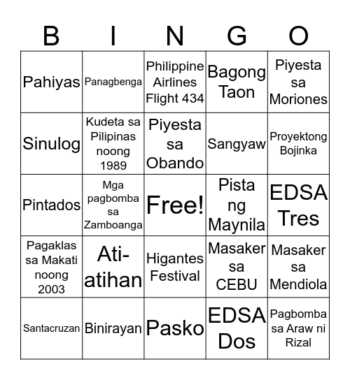 PANGNGALAN (Pangyayari) Bingo Card
