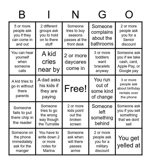 Customer Bingo [Front Desk Edition] Bingo Card