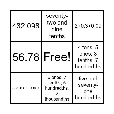 Number Expression Bingo Card