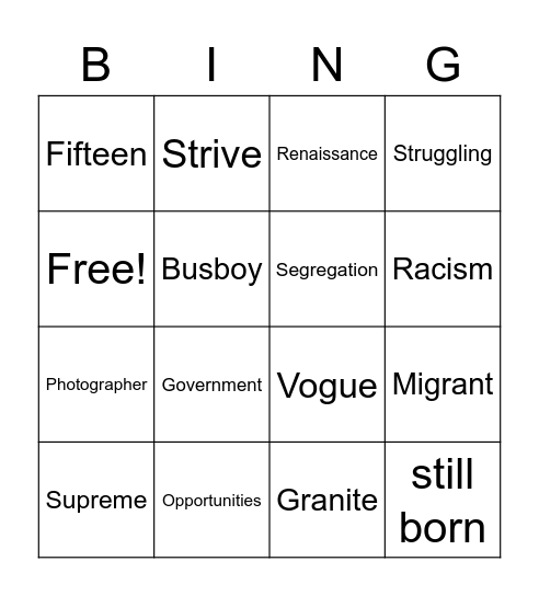 Vocab Bingo Card