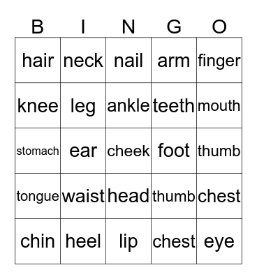 Body Parts Bingo Card