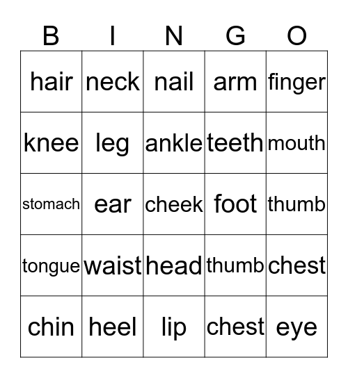 Body Parts Bingo Card