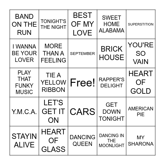 70's HITS Bingo Card