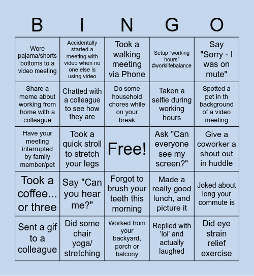 Remote Work Bingo Card