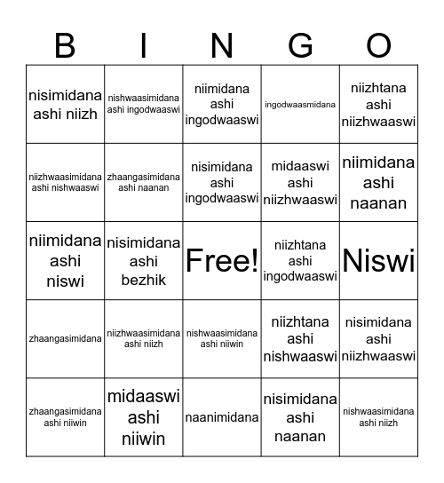 Ojibwe Bingo Card