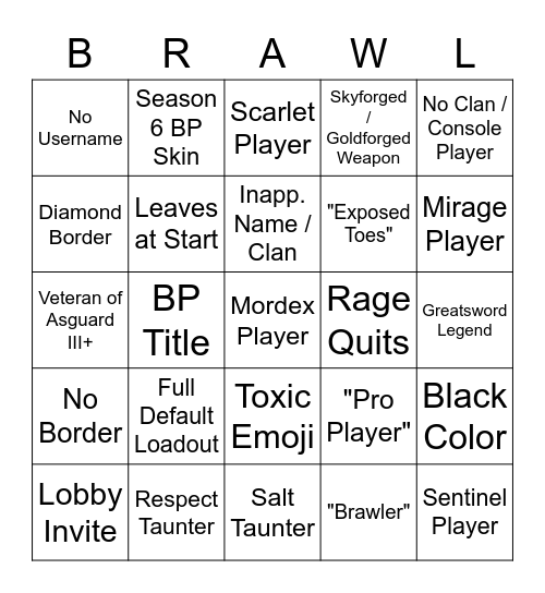 Brawlhalla Bingo Card