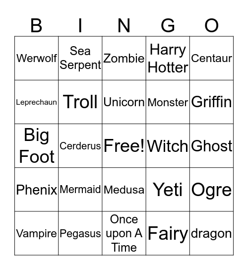 Mythology Bingo Card