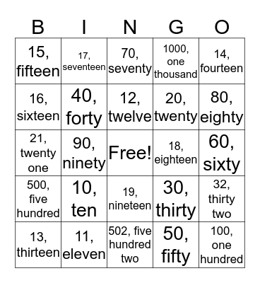 Number Words Bingo Card