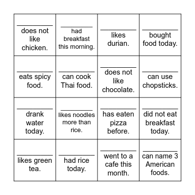 FOOD BINGO Card