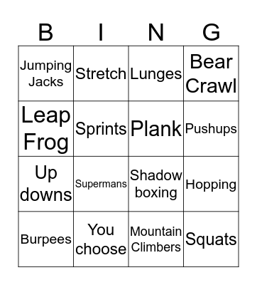 Fitness Challenge  Bingo Card