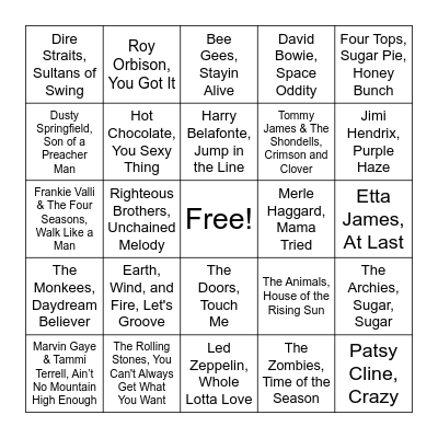 50's, 60's and 70's Bingo Card
