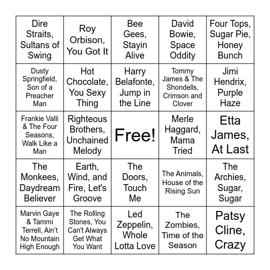 50's, 60's and 70's Bingo Card
