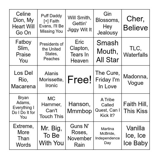 90's Bingo Card