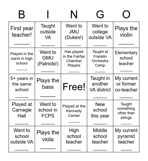 String Teachers 5+ yearBingo Card