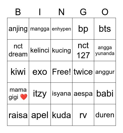 VALS Bingo Card