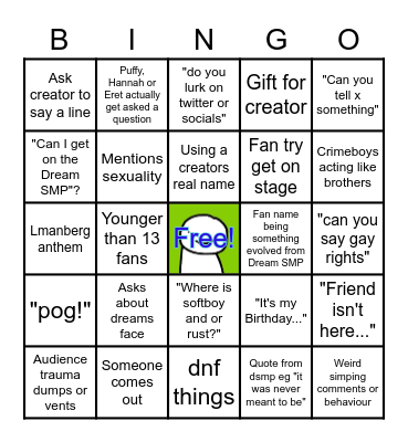 Dream SMP Vidcon Panel Bingo Card