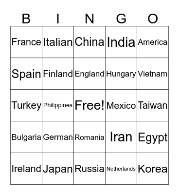 Nations and Nationalities Bingo Card