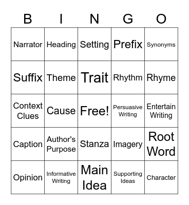 Reading Vocabulary Bingo Card