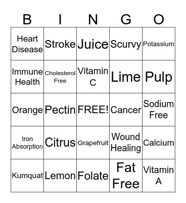 Citrus Food Bingo Card