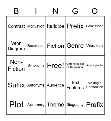 Reading Vocabulary Bingo Card