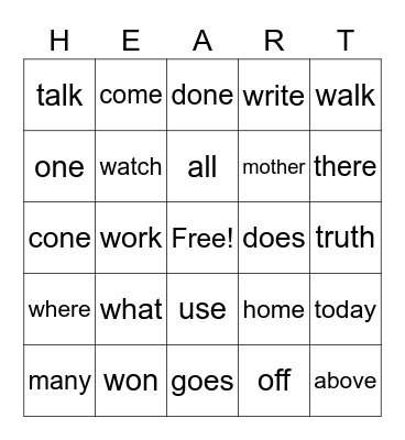 Heart Words Bingo Card