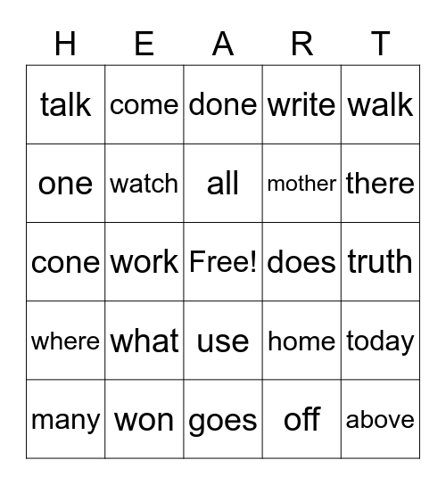 Heart Words Bingo Card