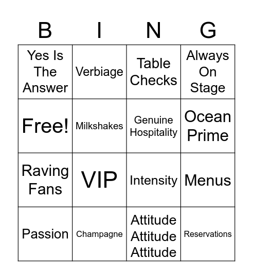 Guest Service Bingo Card