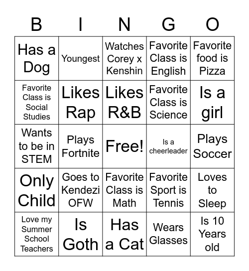 Classmate Bingo Card