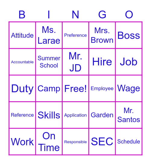 Employability Bingo Card