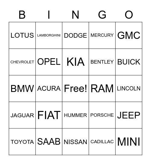 VEHICLES Bingo Card