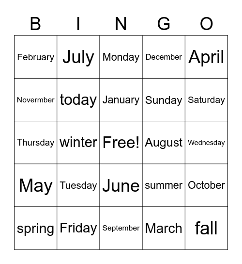 Days and Months Bingo Card