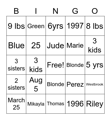 Westbrook Baby Shower Bingo Card