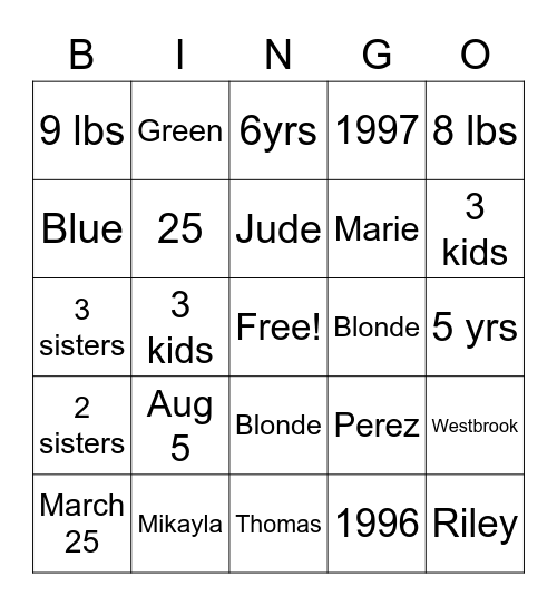 Westbrook Baby Shower Bingo Card