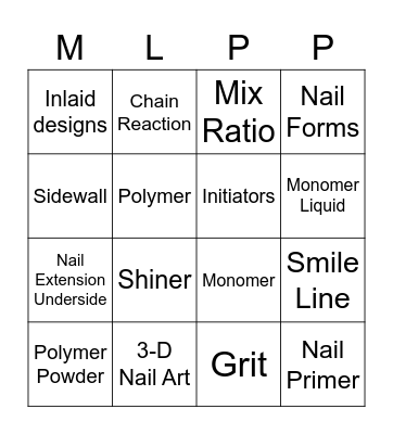 Chapter 28 Monomer Liquid & Polymer Power Nail Enhancements Bingo Card
