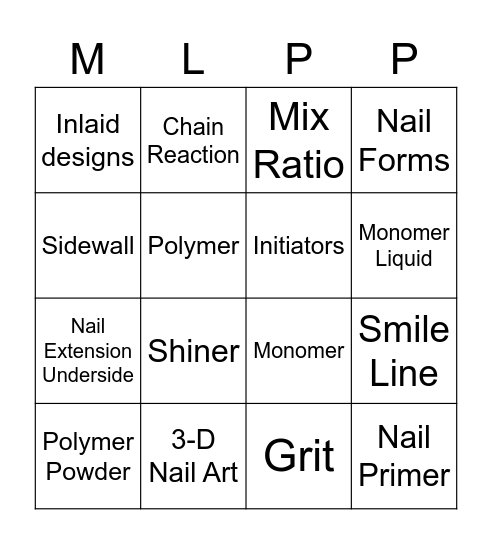 Chapter 28 Monomer Liquid & Polymer Power Nail Enhancements Bingo Card