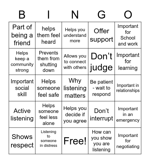 Listening to Others is Important Bingo Card